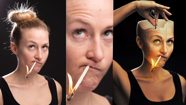 Three portrait photographs showing people with illuminated cigarettes creating light painting effects against dark backgrounds.