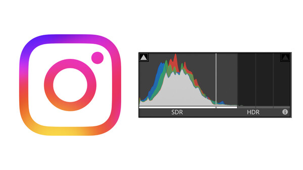 Screenshot showing Instagram logo alongside a histogram displaying SDR and HDR color distribution curves.