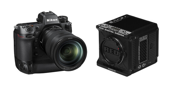 Nikon Z9 mirrorless camera with zoom lens next to RED digital cinema camera body.