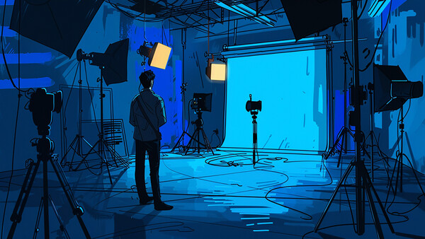 Cinematographer standing in professional studio with blue-tinted lighting and multiple film cameras on tripods.