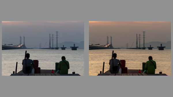 Side-by-side comparison showing the same waterfront scene in cool blue tones versus warm golden tones.