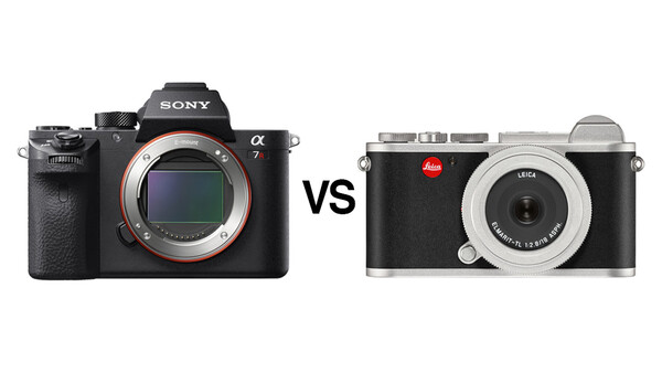 Sony a7 full-frame mirrorless camera body compared side-by-side with Leica CL compact rangefinder camera.