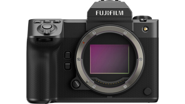 Fujifilm GFX mirrorless camera body front view with open sensor bay.