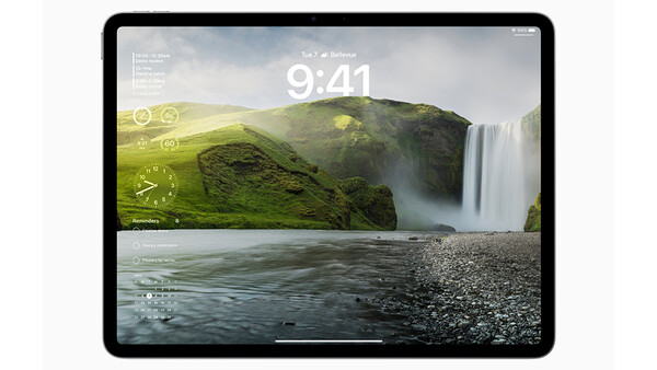 Screenshot of iPad lock screen displaying a waterfall landscape with time 9:41 and weather widgets.