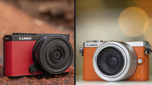 Two Lumix mirrorless cameras in red and orange leather cases, displayed side-by-side against blurred backgrounds.