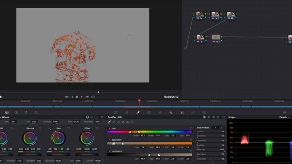 Screenshot of video editing software showing red particle effect animation in preview window.
