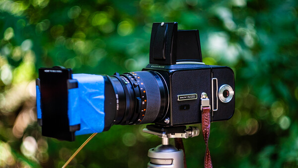 Medium format camera with standard lens mounted on tripod head with blue lens hood and red wrist strap.