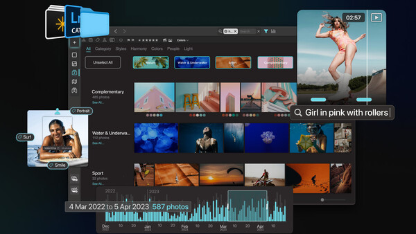Screenshot of photo management software displaying organized image collections with categories and timeline.
