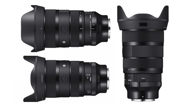 Three black camera lenses displayed from different angles, showing optical elements and lens hoods.