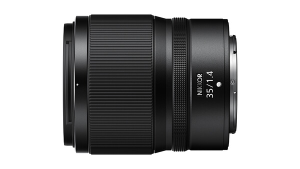 Nikon Z 35mm f/1.4 lens with ribbed focus ring and depth-of-field markings, photographed against white background.