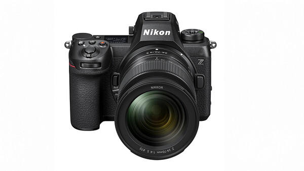 Nikon Z mirrorless camera with attached zoom lens, front three-quarter view against white background.