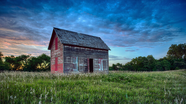 Abandoned red and weathered wooden house in an overgrown prairie field at dusk.