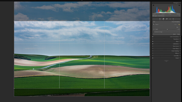 Rolling agricultural landscape with green fields, tan plowed earth, and road, composed using rule of thirds grid overlay.