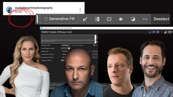 Screenshot of NMKD Stable Diffusion GUI with portrait examples and AI generative fill settings panel.