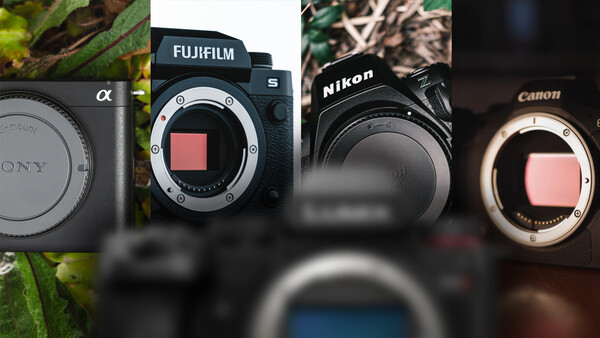 Four camera bodies displayed showing their sensor mounts: Sony Alpha, Fujifilm S, Nikon, and Canon models.
