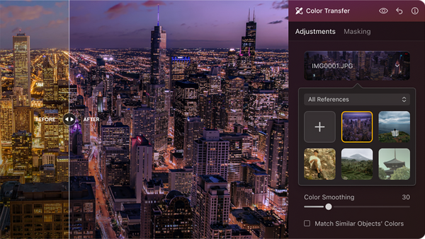Screenshot of color transfer editing software with Chicago skyline at dusk displayed in the main viewport.