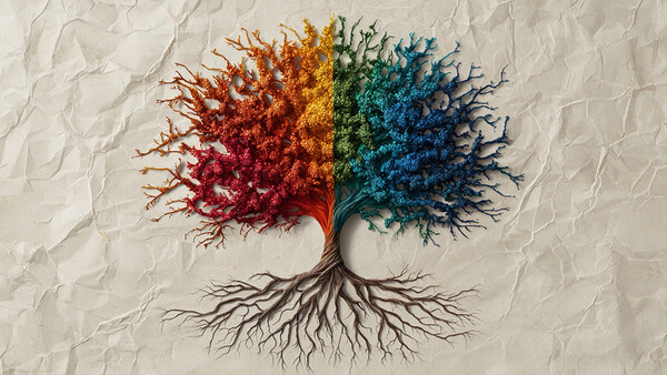 Illustration of a stylized tree split vertically into warm and cool color halves with diverging branches.