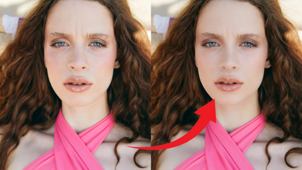 Side-by-side comparison of portrait retouching techniques on a woman with wavy brown hair.
