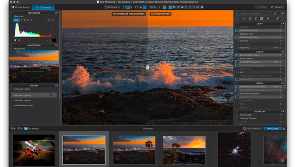 Screenshot of photo editing software displaying a coastal sunset image with waves and rocky shoreline in warm orange tones.