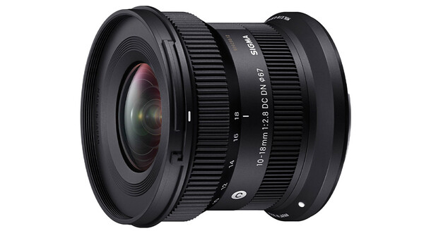 Sigma 10-18mm f/2.8 DC DN Contemporary wide-angle lens with focus ring and depth-of-field scale visible.