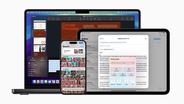 Screenshot showing multiple Apple devices displaying design and productivity applications.