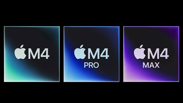Graphic showing three Apple M4 chip variants: M4, M4 Pro, and M4 Max with gradient backgrounds.