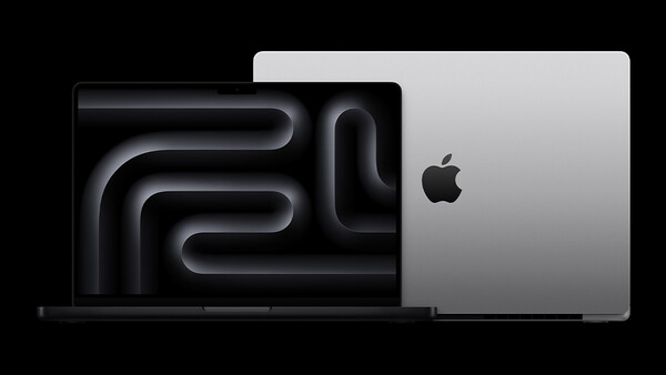 Product rendering of a MacBook Pro laptop displayed at an angle against a black background.