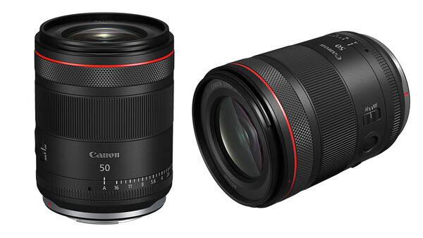 Two Canon RF-mount prime lenses with black barrels and red accent rings displayed against a white background.