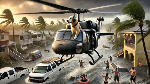 Illustration of a helicopter rescue operation during a hurricane, with people in floodwaters and destroyed homes.