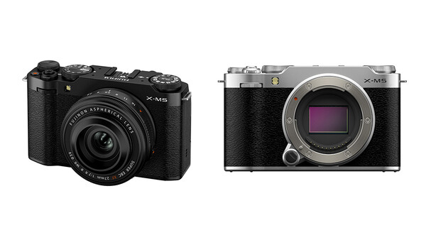 Two mirrorless cameras displayed side by side, one with attached lens on the left, one showing sensor and mount on the right.