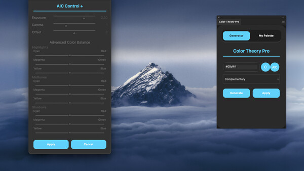 Screenshot of AIC Control and Color Theory Pro editing panels overlaid on a snowy mountain landscape.