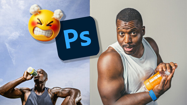 Composite graphic showing Photoshop logo, angry emoji, athlete drinking beverage, and man in white tank top holding orange drink.