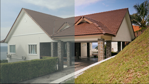 Before and after comparison of a residential home renovation showing the original white house with gray roof on the left and the redesigned version with terracotta tile roof on the right.