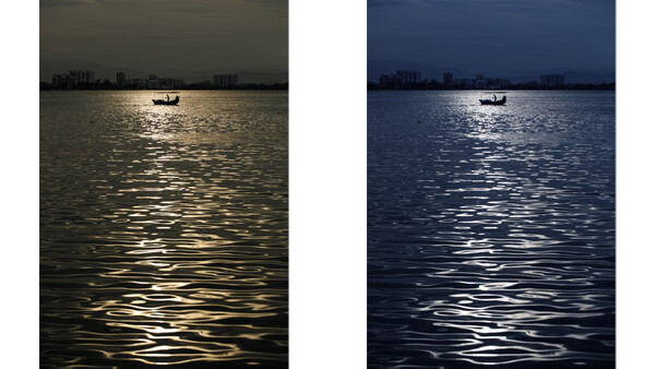 Side-by-side comparison of the same waterscape scene with different color grading treatments.