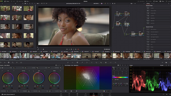 Screenshot of professional video editing software showing color grading interface with waveform monitors and a portrait of a woman.