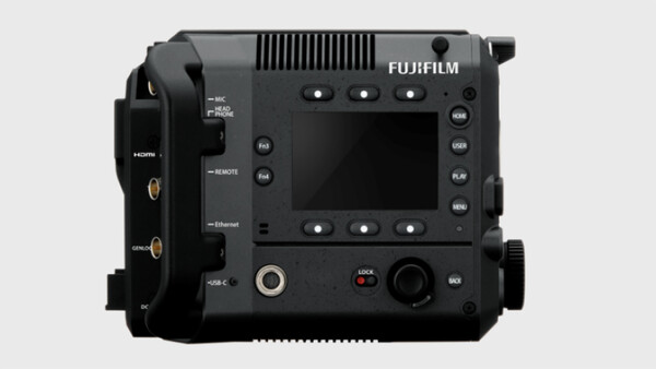 Back panel of a Fujifilm cinema camera showing ports, connectors, and control buttons.