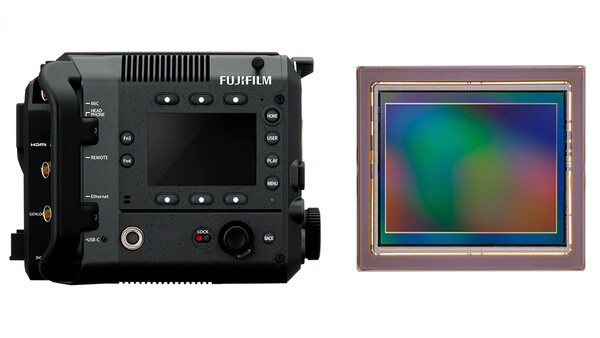Fujifilm cinema camera body displayed alongside a color test chart sensor.