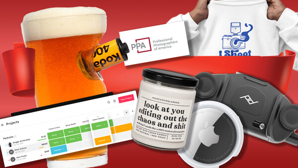 Flat lay composition of creative and business items on red background including beer, headphones, notebook, and branded materials.