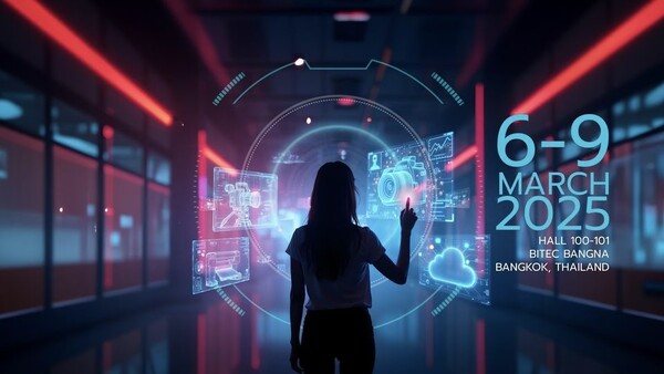 Silhouetted figure in futuristic corridor with neon red and blue lighting and holographic interface elements.