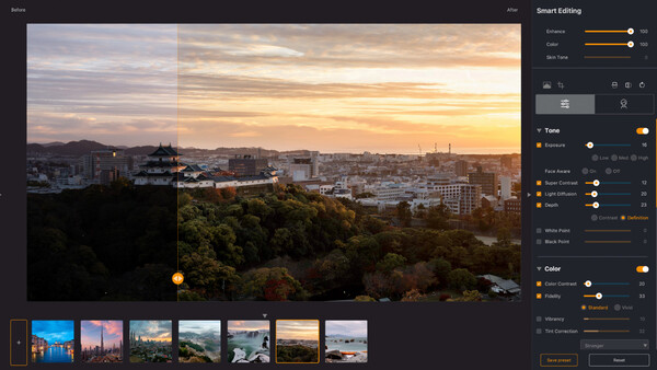 Screenshot of Smart Editing interface showing sunset cityscape photo with adjustment panels on right side.