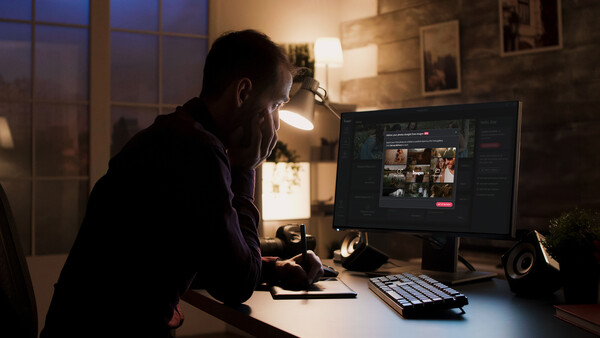 Video editor reviewing footage on a monitor in a dimly lit workspace at night.