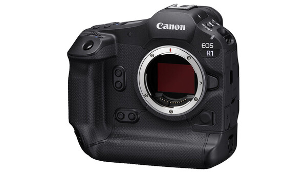 Canon EOS R1 mirrorless camera body shown from front angle with lens mount visible.