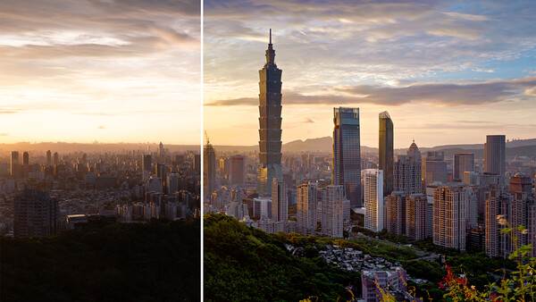 Side-by-side comparison of a city skyline at sunrise and golden hour, showing dramatic lighting changes throughout the day.
