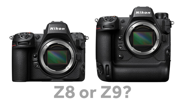 Side-by-side comparison of two Nikon mirrorless camera bodies, Z8 on left and Z9 on right.