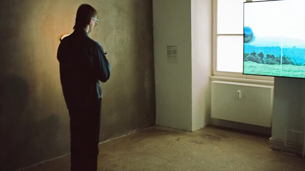 Person standing in an empty room facing a large window displaying a bright landscape scene.
