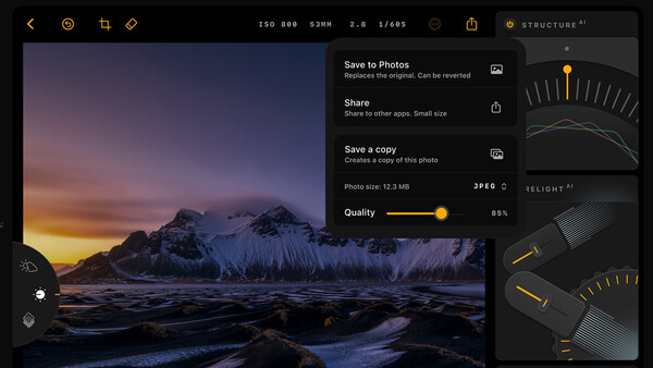 Screenshot of photo editing software showing a snowy mountain landscape at sunset with adjustment panels and quality controls.
