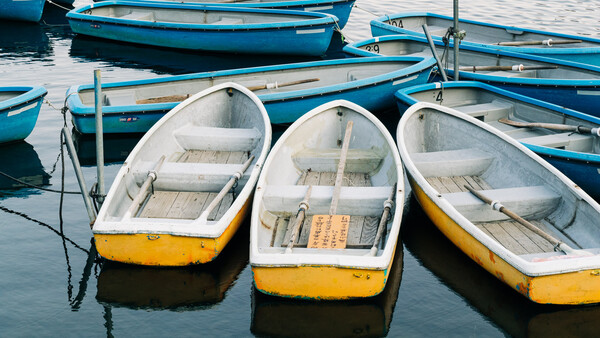 Three white and yellow fishing boats moored in calm blue water, with additional blue boats visible in the background.