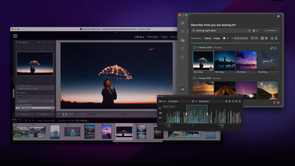 Screenshot of video editing software with umbrella-lit portrait and asset library panel.