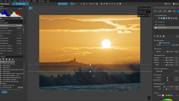 Screenshot of photo editing software showing a split-screen comparison of a golden sunset over water with silhouetted landscape.