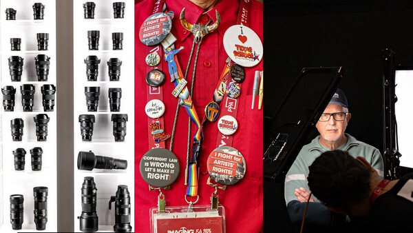 Photography equipment display showing lens collection, red jacket with badges, and studio lighting setup with photographer.